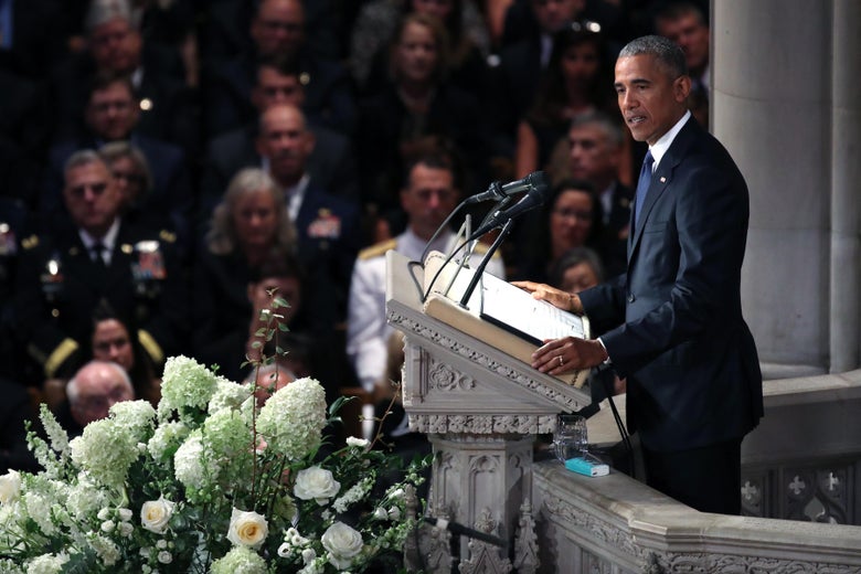 Former president Barack Obama speaks at the funeral service for Sen. John McCain at the National Cathedral on September 1, 2018 in Washington, D.C.